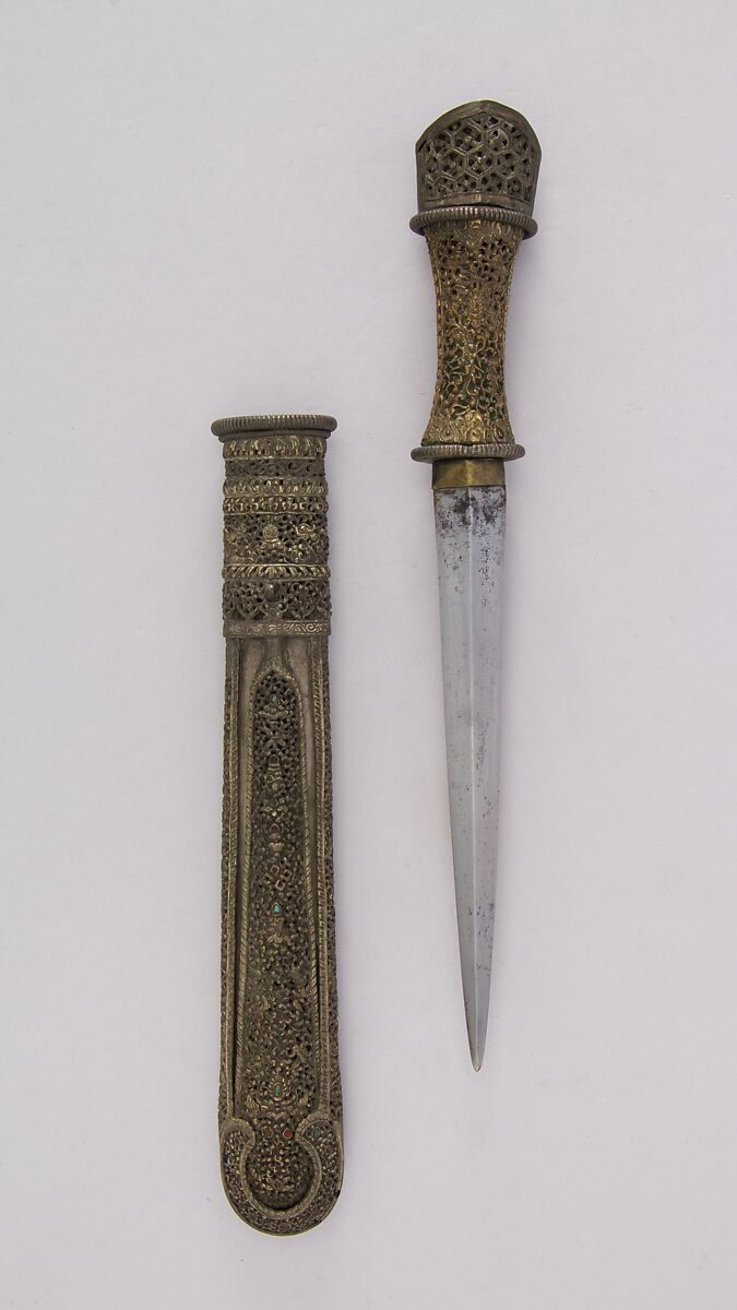 Dagger with Sheath, Steel, copper, gold, turquoise, gemstone, Indian, Sikkim or Bhutanese