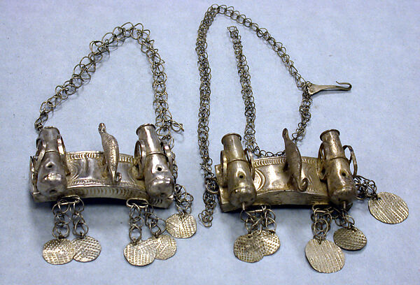Arm Bands: Chameleon and Gun Motif with Pendants, Silver, Fon peoples 