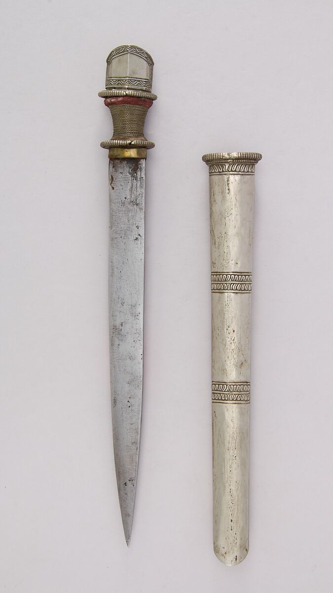 Knife with Sheath, Steel, silver, wood, Indian, Sikkim or Bhutanese