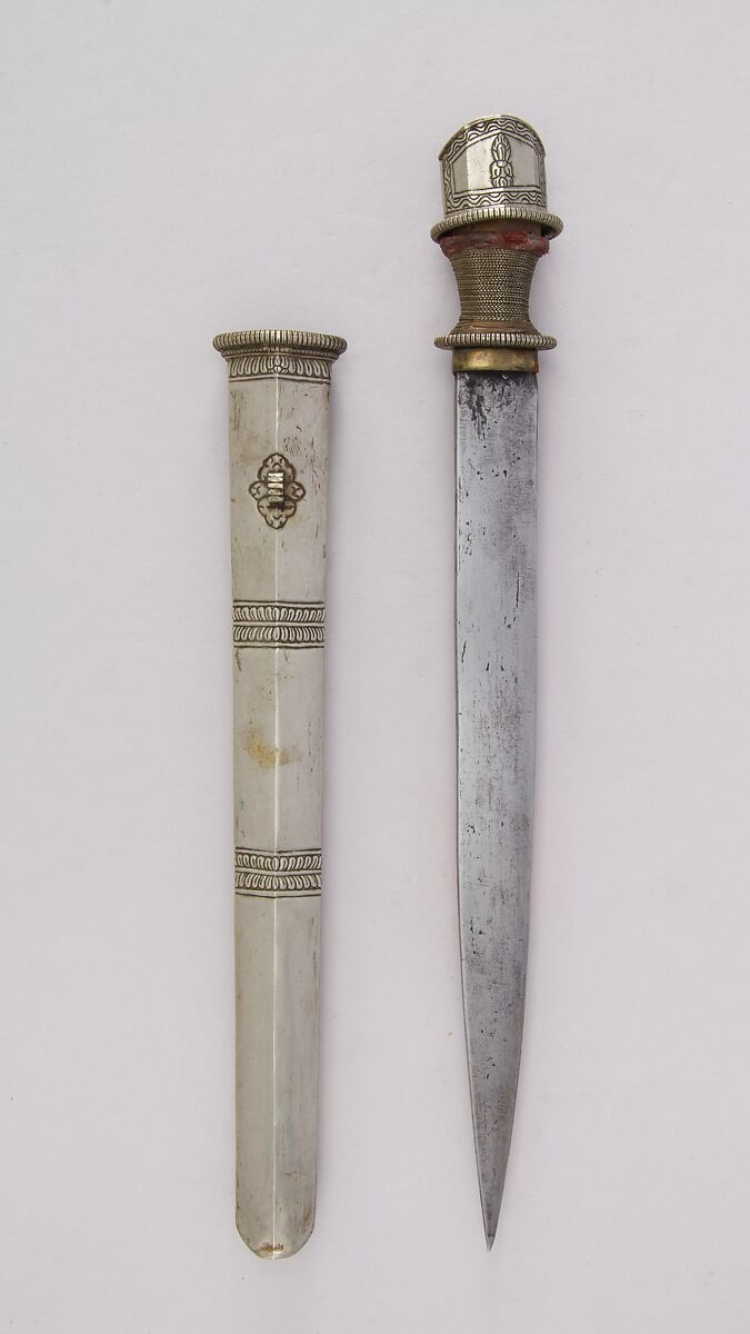 Knife with Sheath, Steel, silver, wood, Indian, Sikkim or Bhutanese 