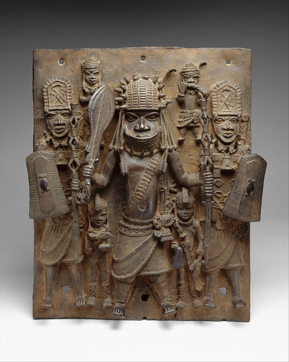 Plaque: Warrior and Attendants, Edo artist, Brass, Edo 