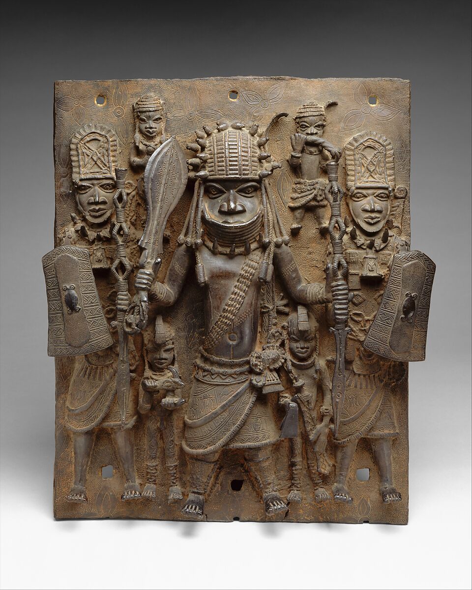 Plaque: Warrior and Attendants, Edo artist, Brass, Edo