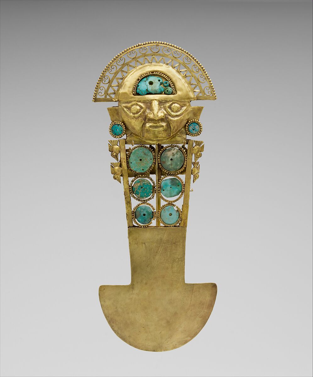 Tumi (knife), Lambayeque (Sicán) artist(s), Gold, turquoise, Lambayeque (Sicán) 