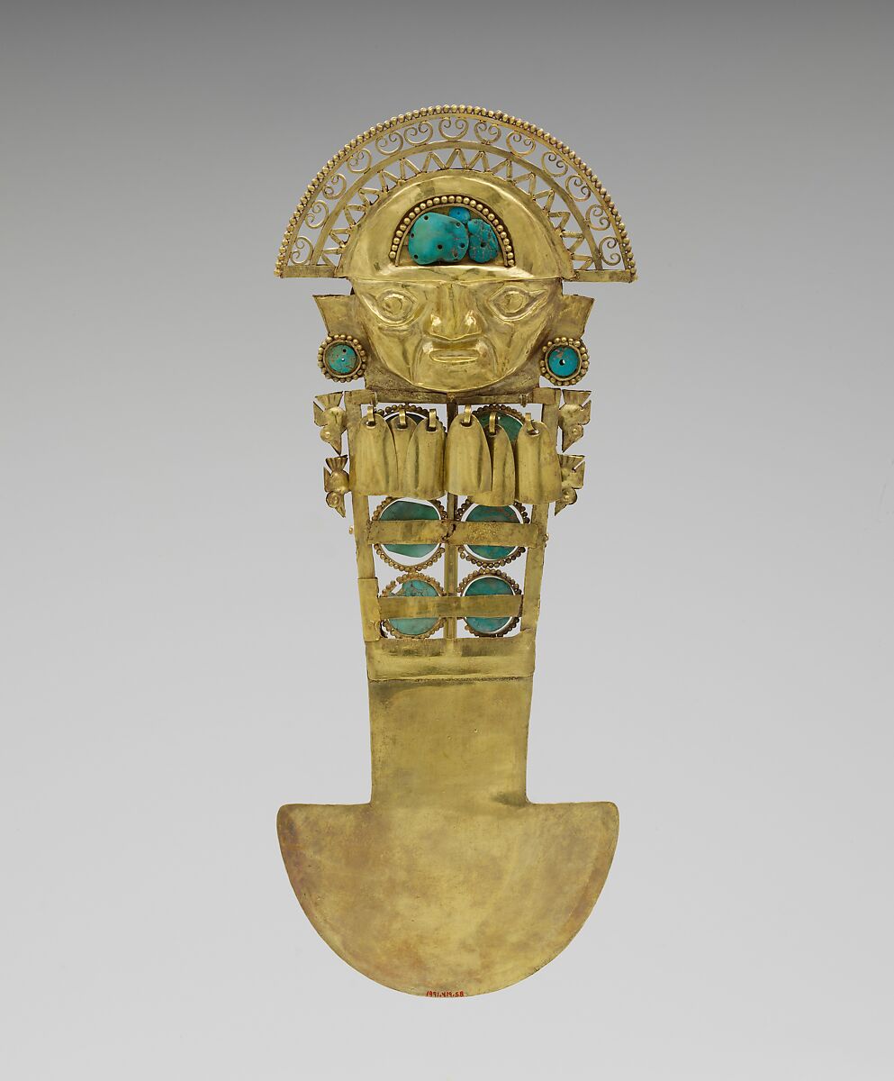 Tumi (knife), Lambayeque (Sicán) artist(s), Gold, turquoise, Lambayeque (Sicán)