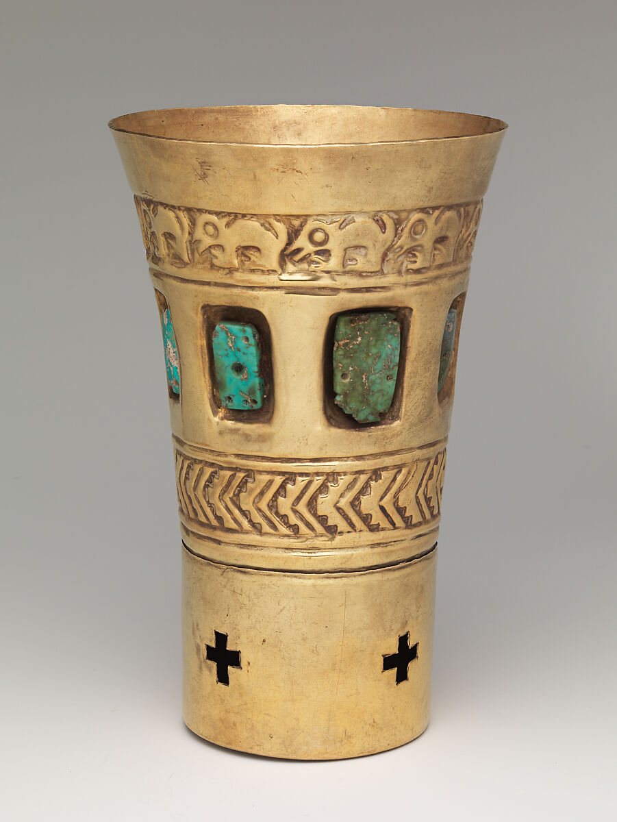 Beaker with rattle, Lambayeque (Sicán) artist(s), Gold, turquoise, resin, Lambayeque (Sicán)