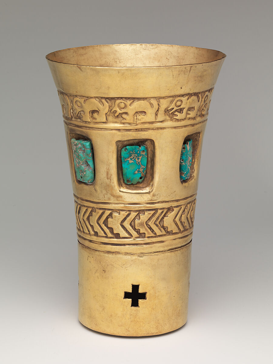 Beaker with rattle, Lambayeque (Sicán) artist(s), Gold, turquoise, resin, Lambayeque (Sicán) 