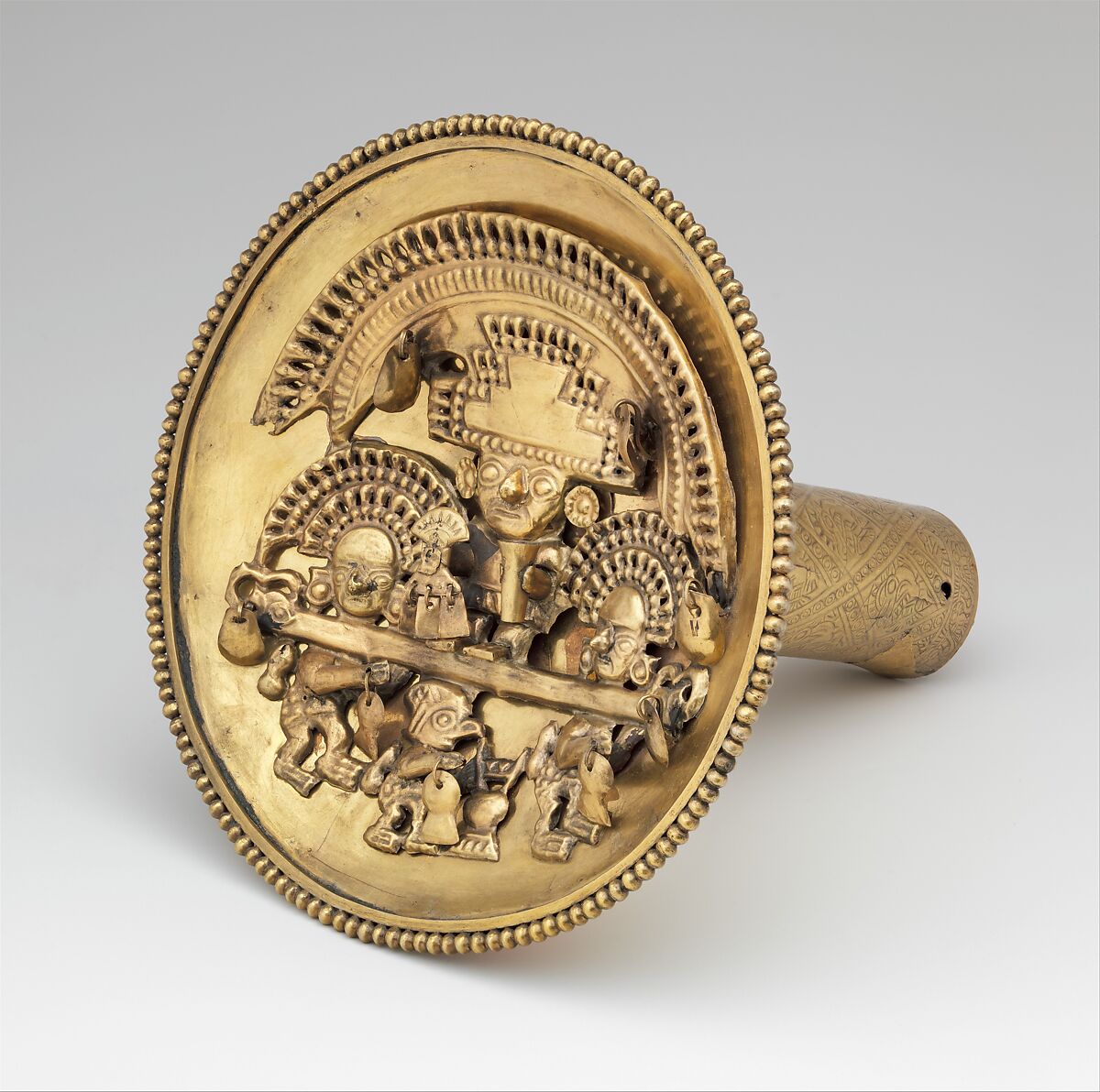 Earflare with ritual procession, Chimú artist(s), Gold, Chimú