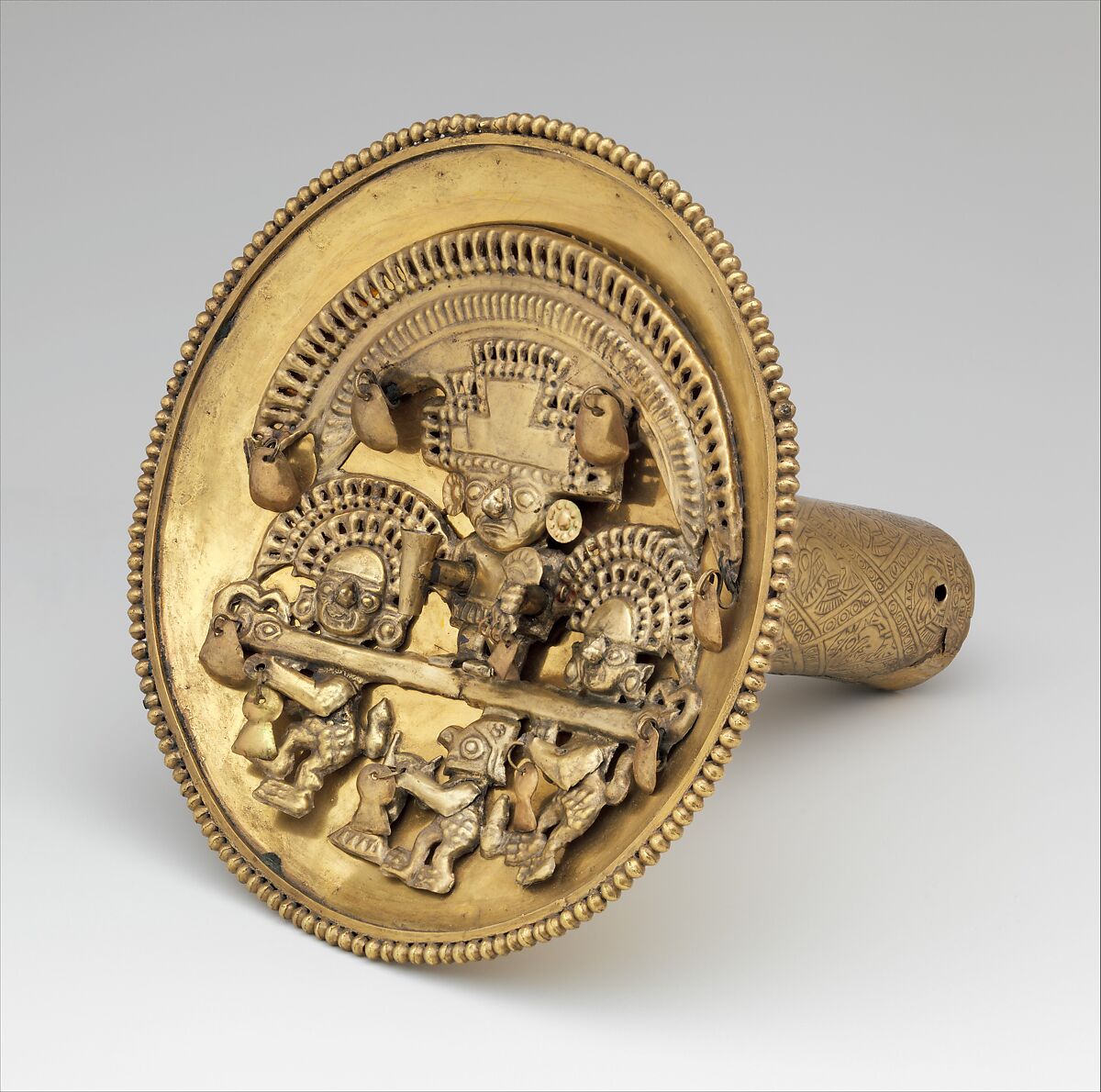 Earflare with ritual procession, Chimú artist(s), Gold, Chimú