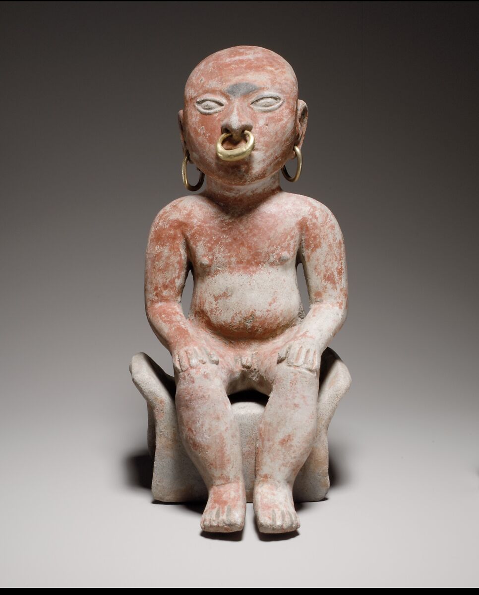 Bench Figure, Ceramic, gold, post-fire paint, Tolita-Tumaco 