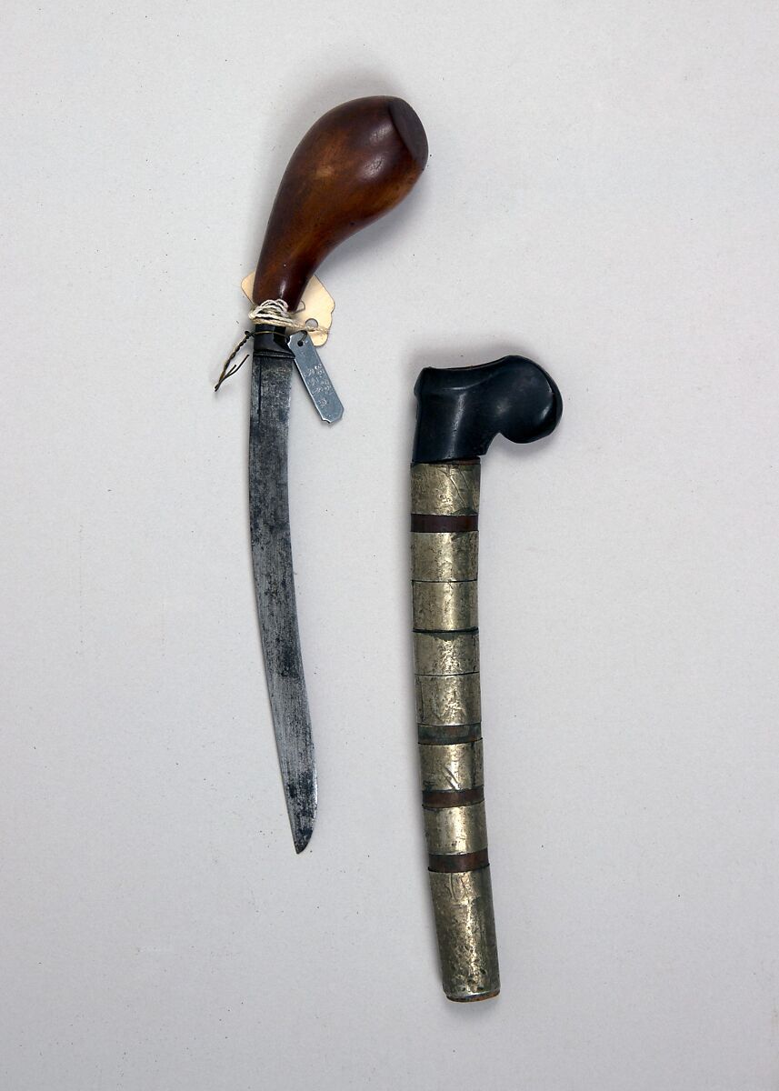 Knife (Bade-bade) with Sheath, Wood, silver, horn, Malayan 