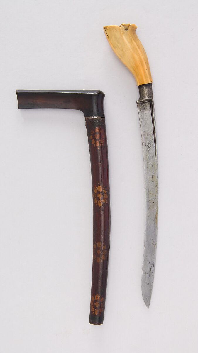 Knife (Bade-bade) with Sheath, Steel, wood, horn, ivory, Malayan 