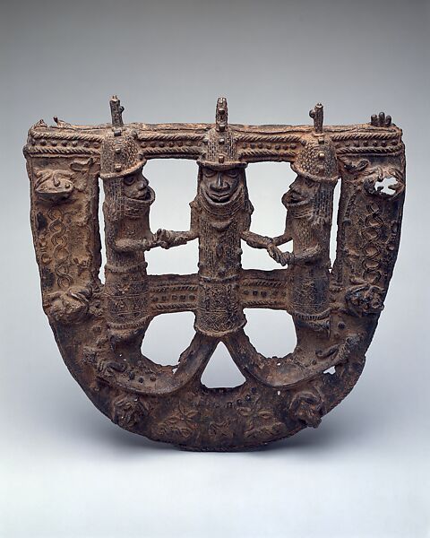 U-Shaped Plaque: Mudfish-Legged King and Supporters, Brass, Edo peoples 