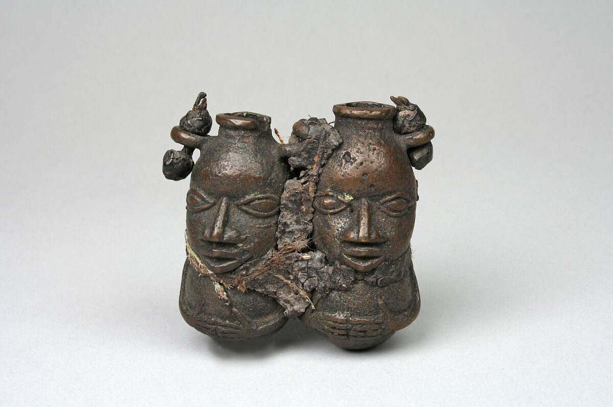 Medicine Vessel: Two Figures, Brass, hide, feathers, sacrifcial materials, Edo peoples 