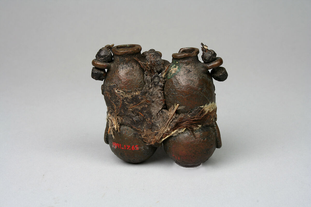 Medicine Vessel: Two Figures, Brass, hide, feathers, sacrifcial materials, Edo peoples