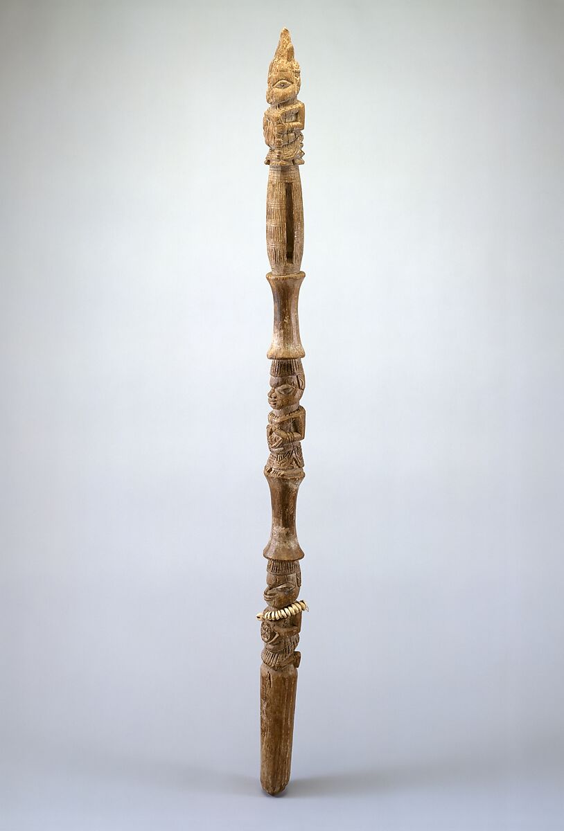 Rattle Staff: Three Figures (Ukhurhe), Wood, pigment, cowries, brass bell, Edo peoples 