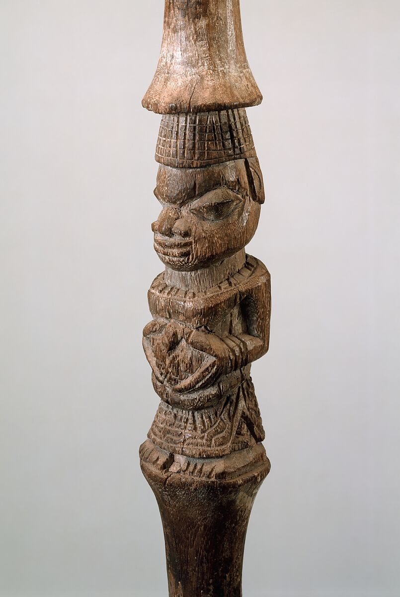 Rattle Staff: Three Figures (Ukhurhe), Wood, pigment, cowries, brass bell, Edo peoples