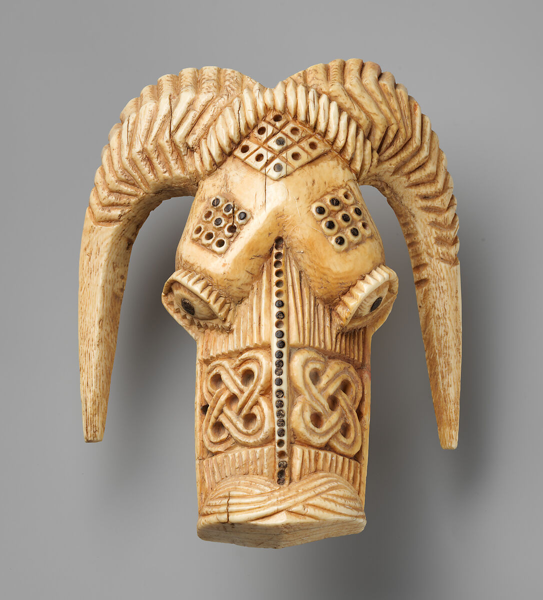 Orufanran Costume Attachment: Ram Head, Ivory, wood or coconut shell inlay, Yoruba peoples, Owo group 