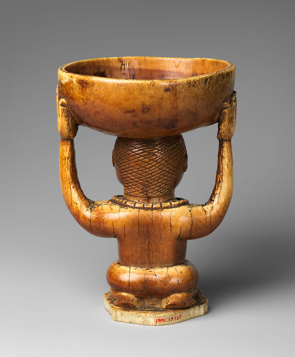Àgéré Ifá (Ifá divination vessel) with kneeling woman, Yoruba artist, Ivory, wood or coconut shell inlay, Yoruba peoples, Owo group