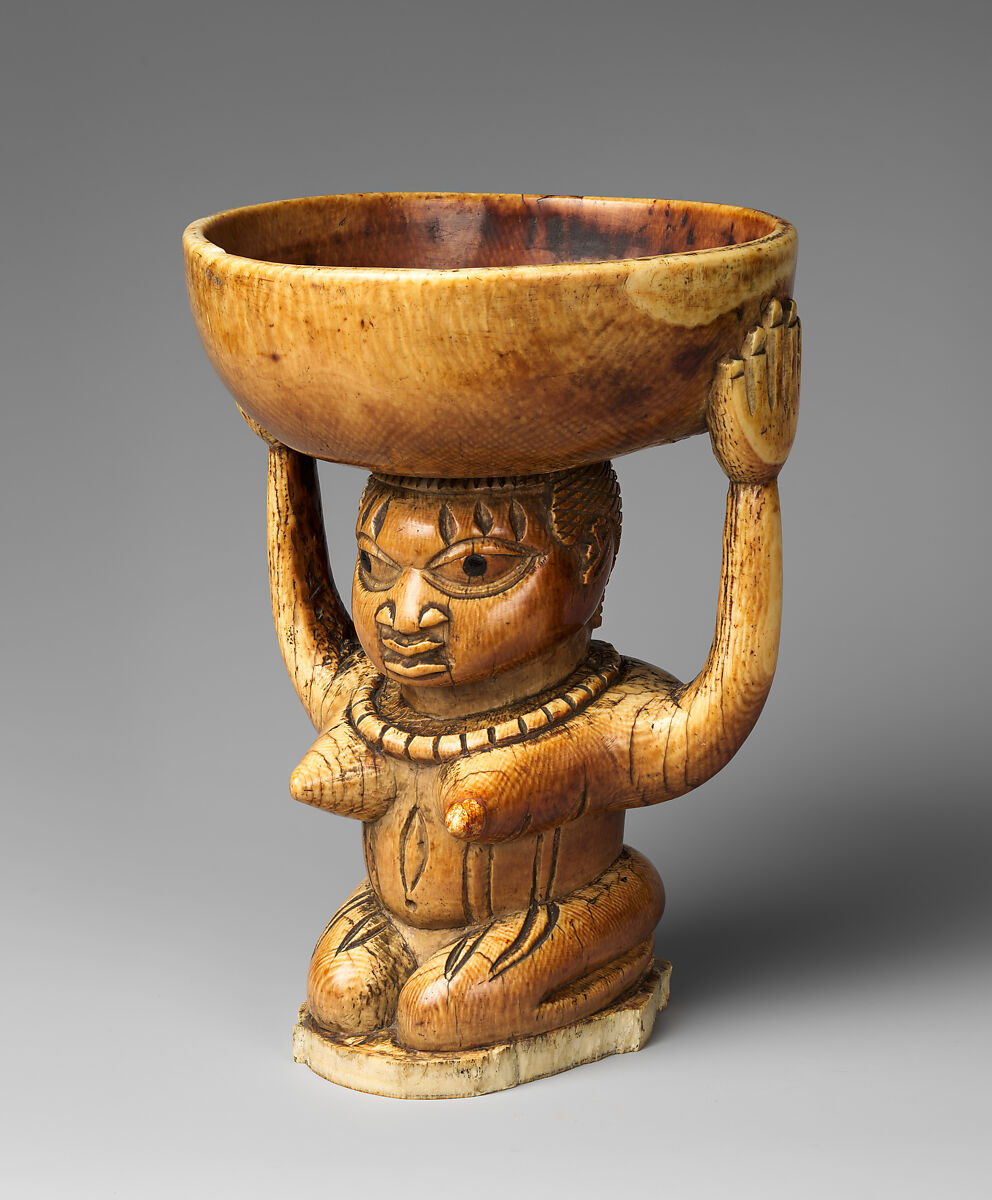 Àgéré Ifá (Ifá divination vessel) with kneeling woman, Yoruba artist, Ivory, wood or coconut shell inlay, Yoruba peoples, Owo group