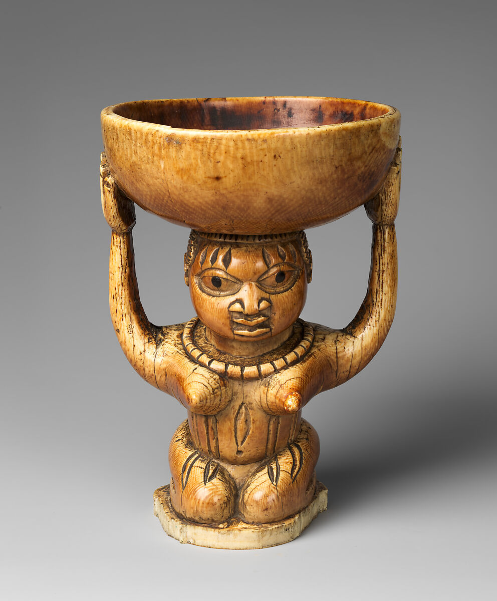 Ifa Divination Vessel: Female Caryatid (Agere Ifa), Ivory, wood or coconut shell inlay, Yoruba peoples, Owo group