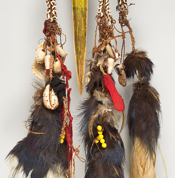 Dagger, Cassowary bone, feathers, shells, tradecloth, feathers, fiber, plastic beads, Mensuat region (?)