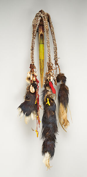 Dagger, Cassowary bone, feathers, shells, tradecloth, feathers, fiber, plastic beads, Mensuat region (?)