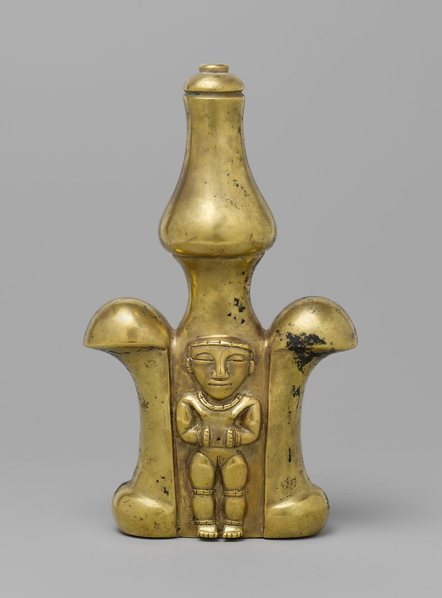 Poporo (lime container) with female figures, Quimbaya artist(s), Gold, Quimbaya