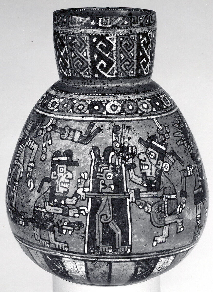 Bottle with ritual scene, Amapa-Peñitas artist(s), Ceramic, slip, Nayarit