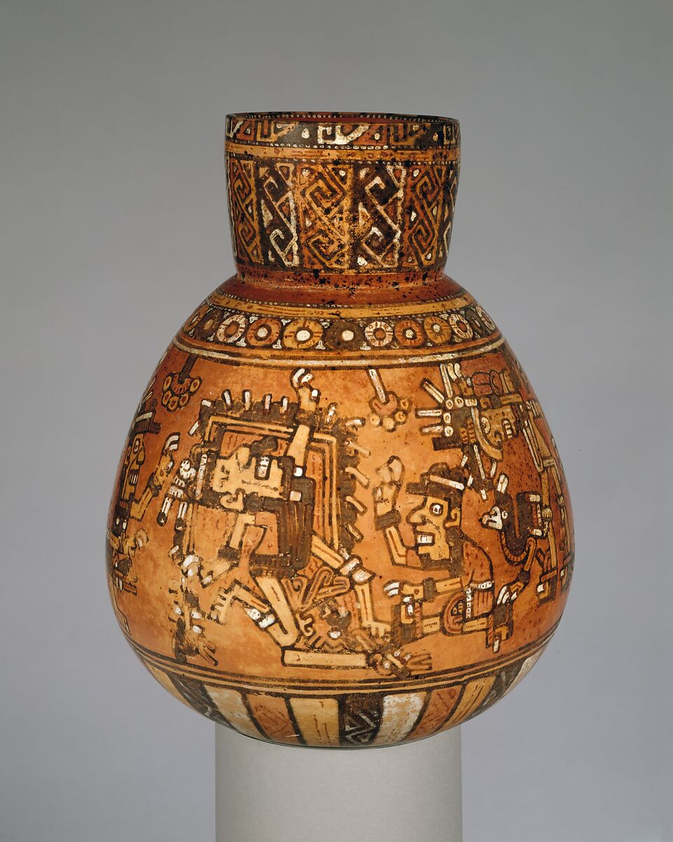 Bottle with ritual scene, Amapa-Peñitas artist(s), Ceramic, slip, Nayarit