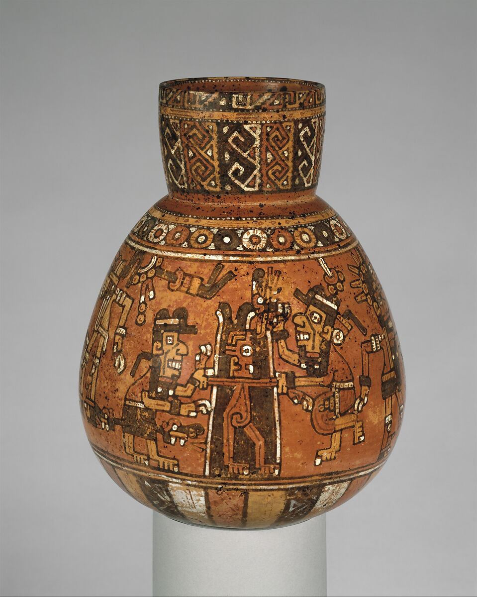 Bottle with ritual scene, Amapa-Peñitas artist(s), Ceramic, slip, Nayarit