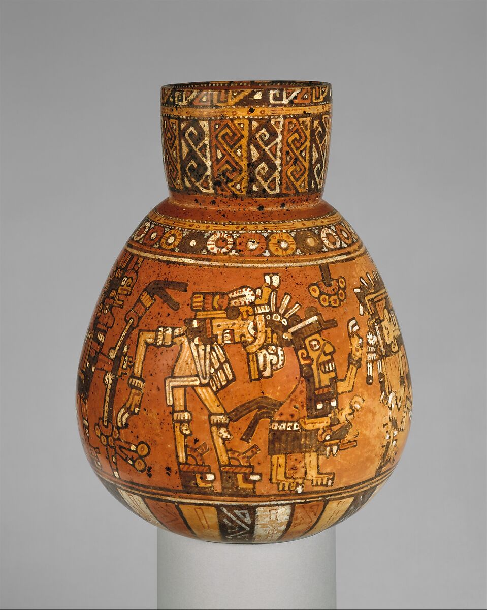 Bottle with ritual scene, Amapa-Peñitas artist(s), Ceramic, slip, Nayarit