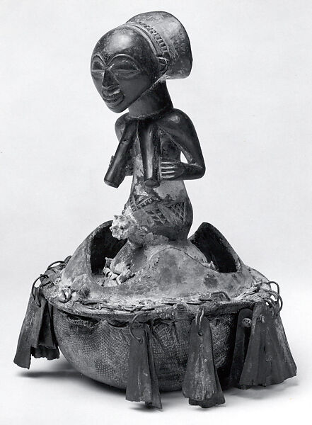 Initiation Gourd: Female Half Figure (Kabwelulu), Wood, kaolin, cowrie shells, straw fiber, metal, gourd, Luba peoples 