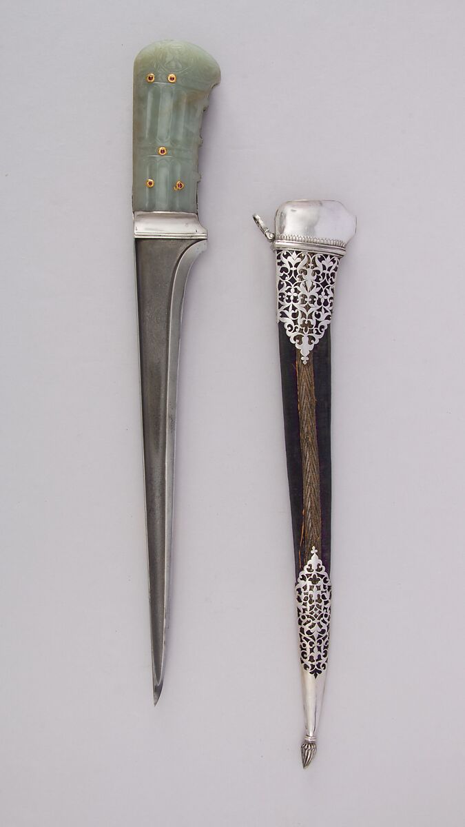 Dagger (Pesh-kabz) with Sheath, Jade, steel, silver, wood, velvet, ruby, gold, Indian, Mughal