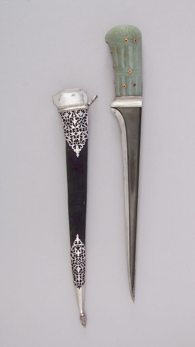 Dagger (Pesh-kabz) with Sheath, Jade, steel, silver, wood, velvet, ruby, gold, Indian, Mughal 