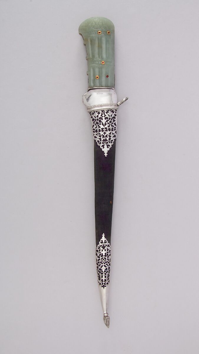 Dagger (Pesh-kabz) with Sheath, Jade, steel, silver, wood, velvet, ruby, gold, Indian, Mughal