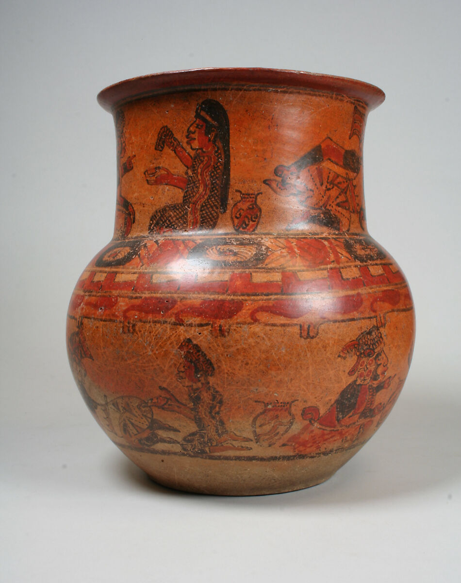 Jar, Ritual Scenes, Ceramic, slip, pigment, Maya