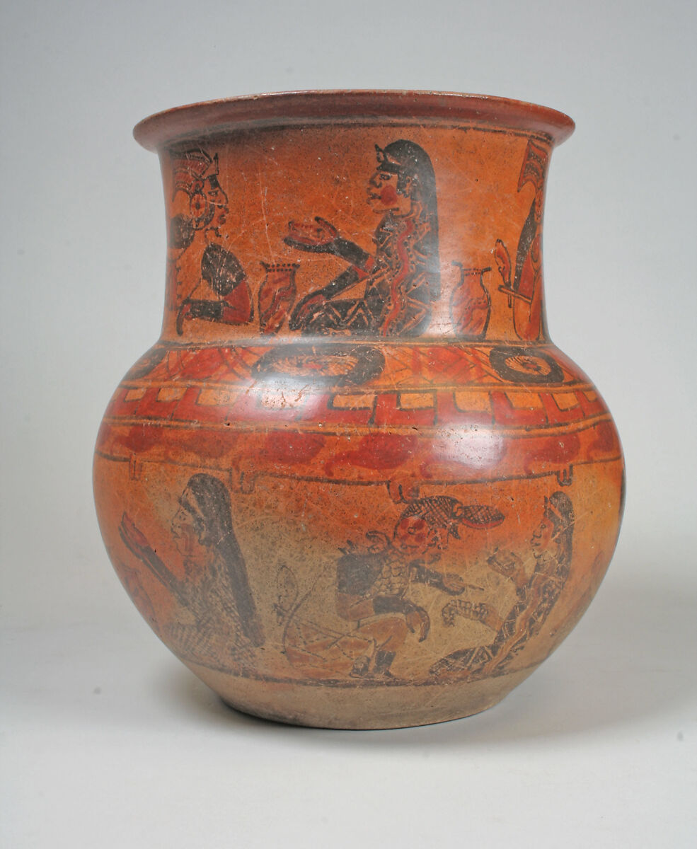 Jar, Ritual Scenes, Ceramic, slip, pigment, Maya