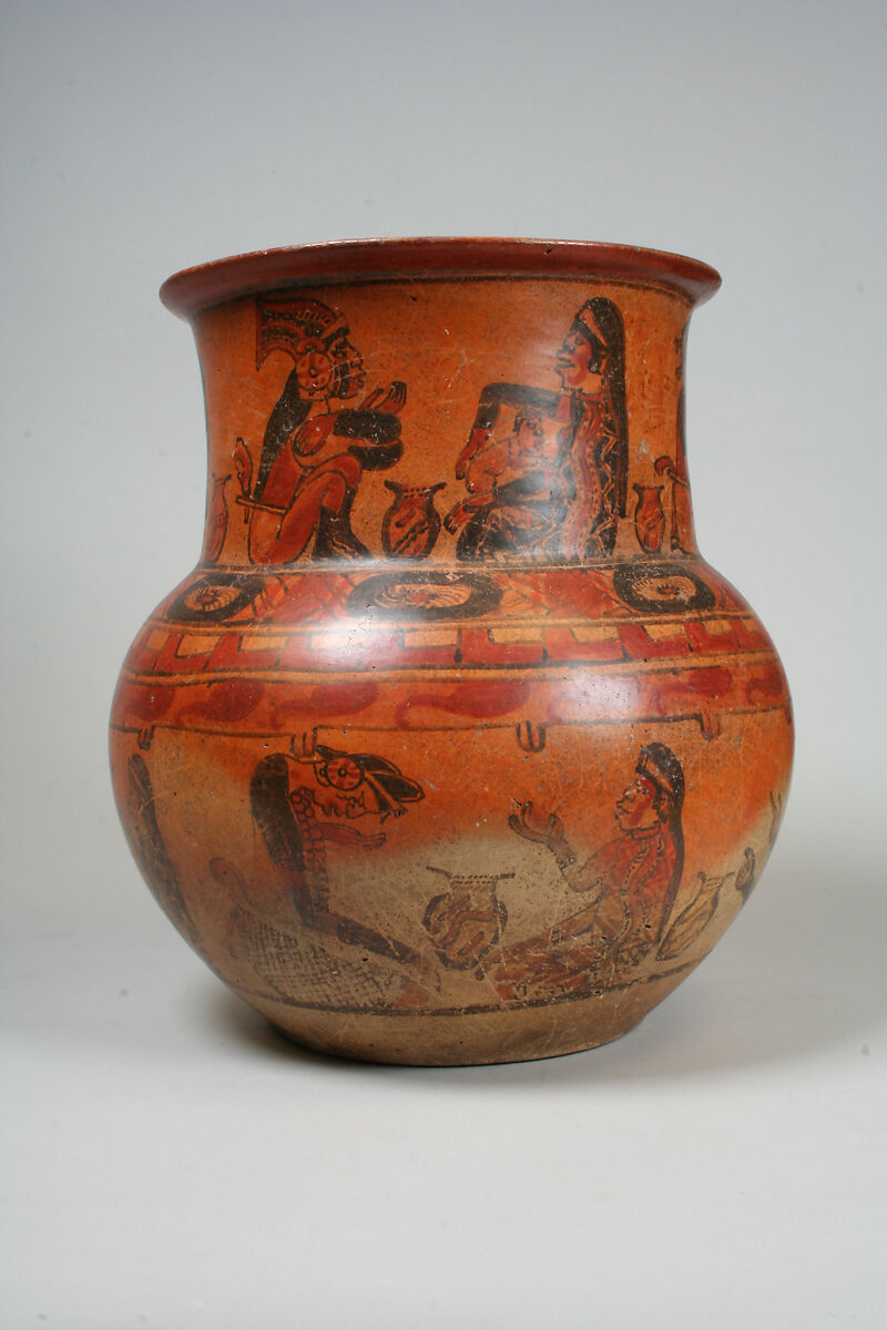 Jar, Ritual Scenes, Ceramic, slip, pigment, Maya