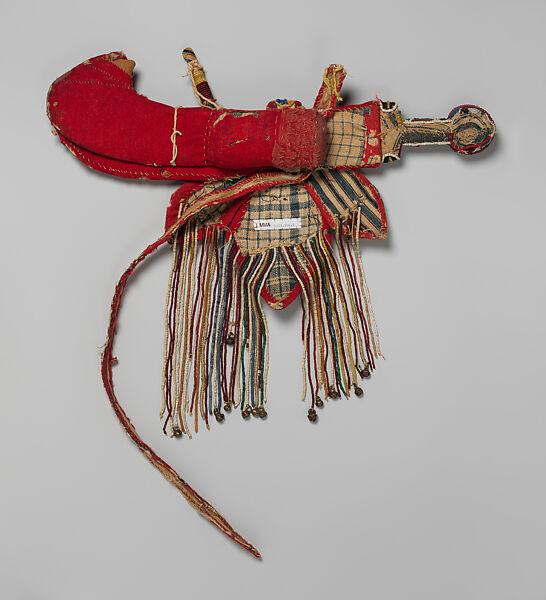 Udàmalóre (ceremonial sword) and sheath with apete (panel ornaments), Yoruba artist, Cotton, glass beads, wood, brass, rope, Yoruba