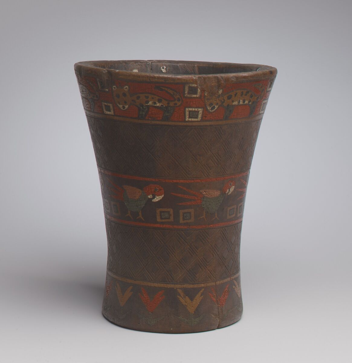 Kero (beaker), Peruvian artist(s), Wood (escallonia ?), pigmented resin inlay, metal (tin?), Quechua