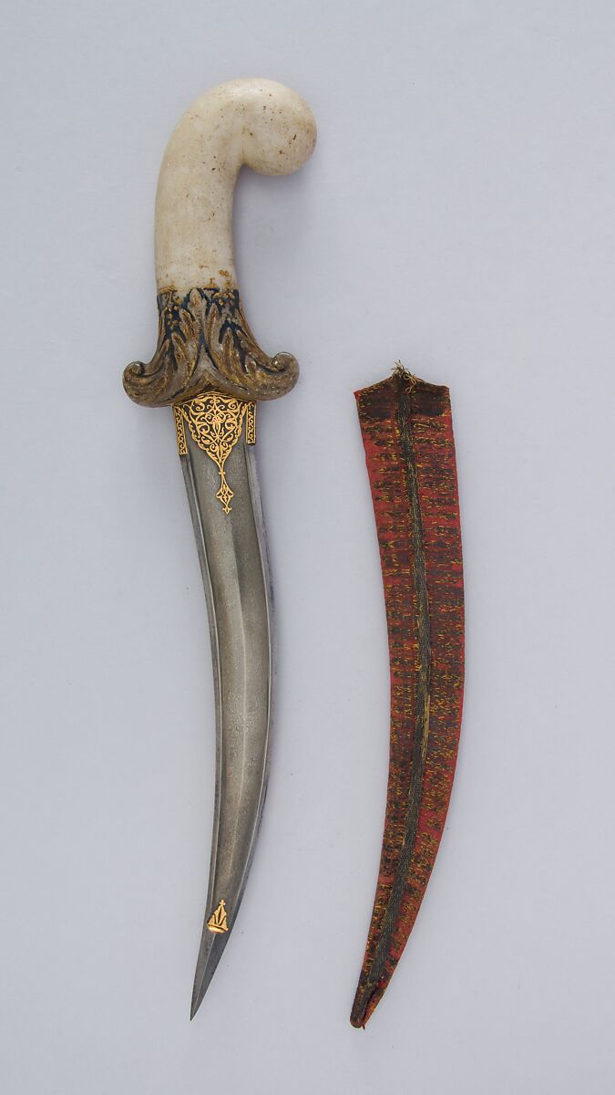 Dagger (Jambiya) with Sheath, Steel, marble, gold, silver, silk, wood, Indian, Mughal