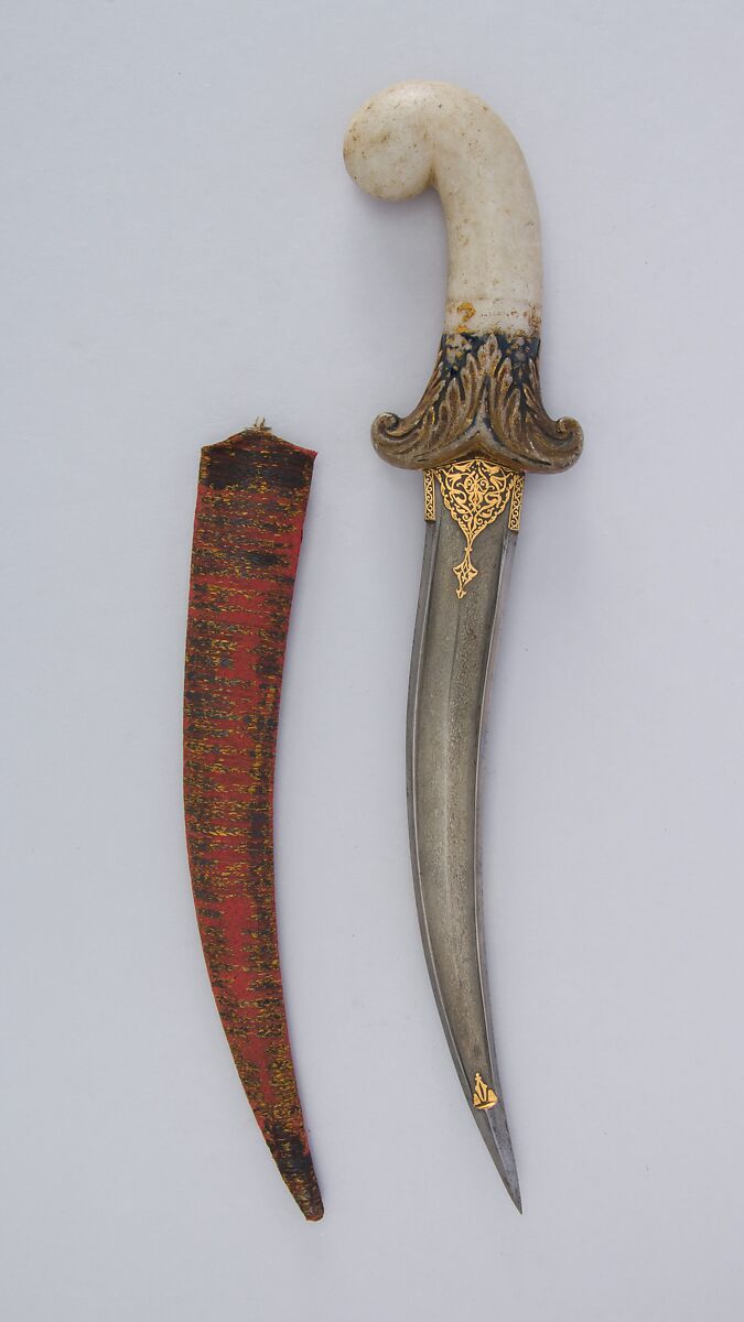 Dagger (Jambiya) with Sheath, Steel, marble, gold, silver, silk, wood, Indian, Mughal 