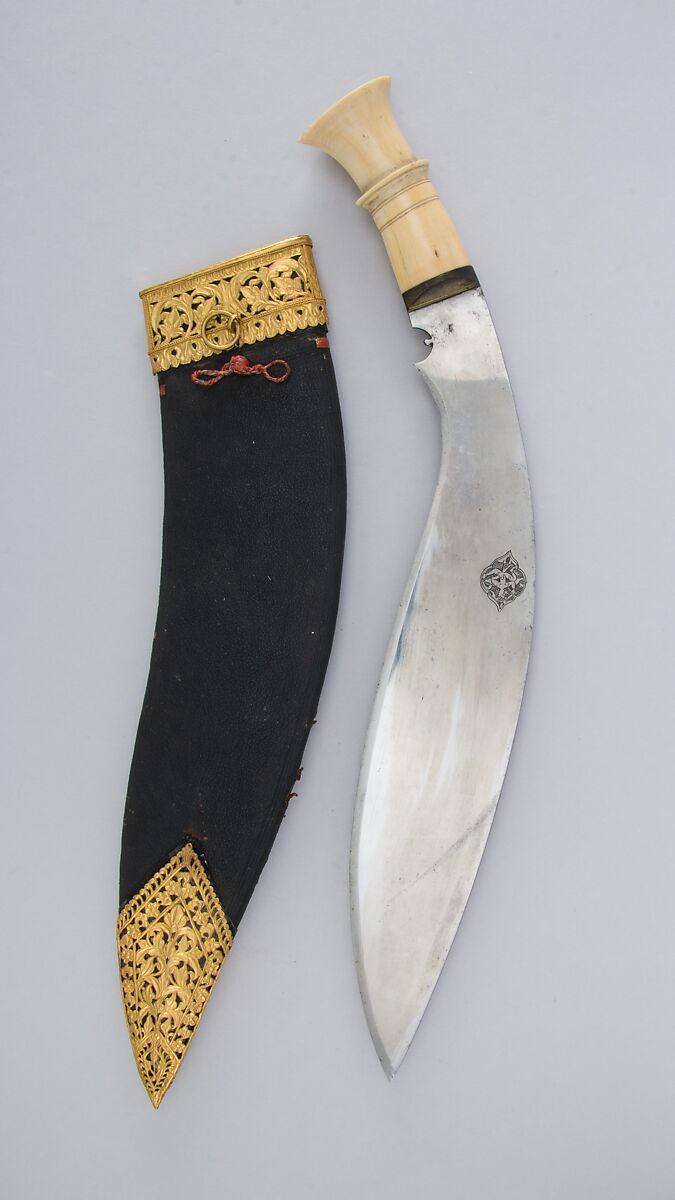 Knife (Kukri) with Sheath, Steel, ivory, gold, silver, wood, leather, Indian or Nepalese, Gurkha 