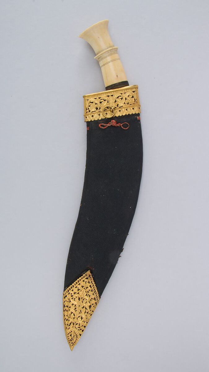 Knife (Kukri) with Sheath, Steel, ivory, gold, silver, wood, leather, Indian or Nepalese, Gurkha