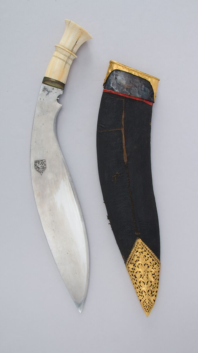 Knife (Kukri) with Sheath, Steel, ivory, gold, silver, wood, leather, Indian or Nepalese, Gurkha