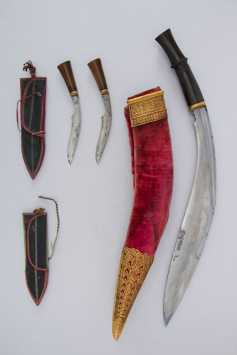 Knife (Kukri) with Two Sheaths, Two Small Knives, and Two Sharpening Pouches, Steel, horn, gold, leather, velvet, Indian or Nepalese, Gurkha 