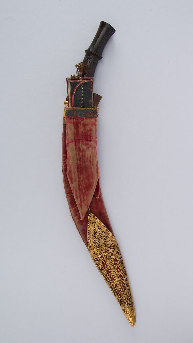 Knife (Kukri) with Two Sheaths, Two Small Knives, and Two Sharpening Pouches, Steel, horn, gold, leather, velvet, Indian or Nepalese, Gurkha