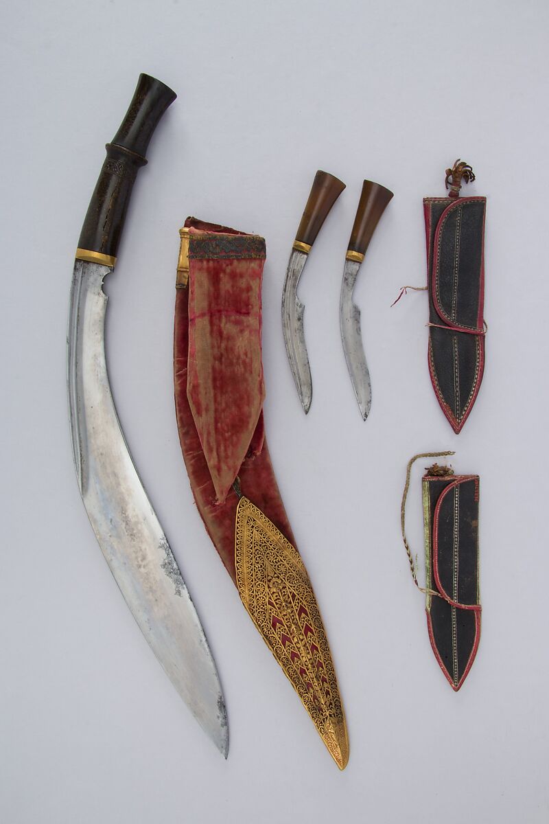Knife (Kukri) with Two Sheaths, Two Small Knives, and Two Sharpening Pouches, Steel, horn, gold, leather, velvet, Indian or Nepalese, Gurkha