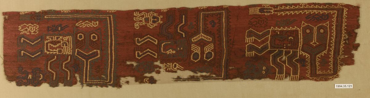 Embroidered Border Fragment, Cotton, camelid hair, Peruvian 