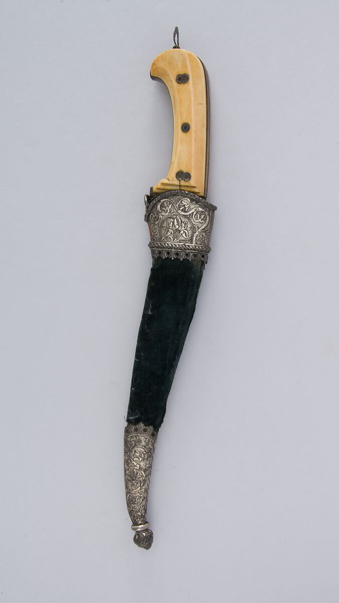 Dagger (Pesh-kabz) with Sheath, Steel, silver, ivory, brass, gold, velvet, wood, Afghan